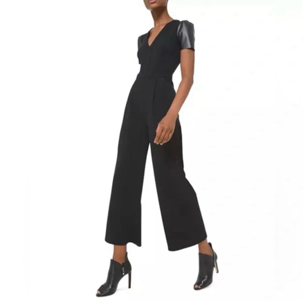 Michael Kors Black V-Neck Jumpsuit XS Wide leg Faux Leather Sleeve Coveralls